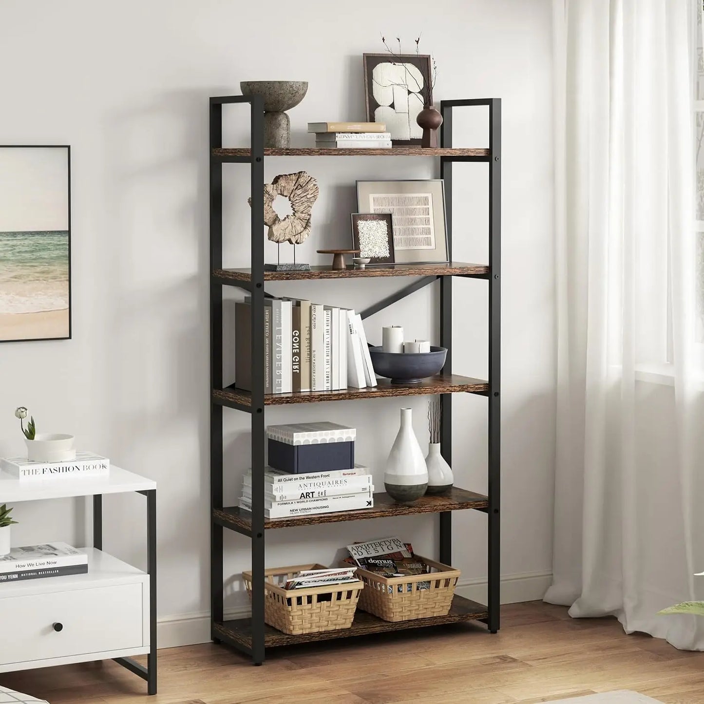 62"H x 23"W 5 Tier Bookshelf Rustic Industrial Style