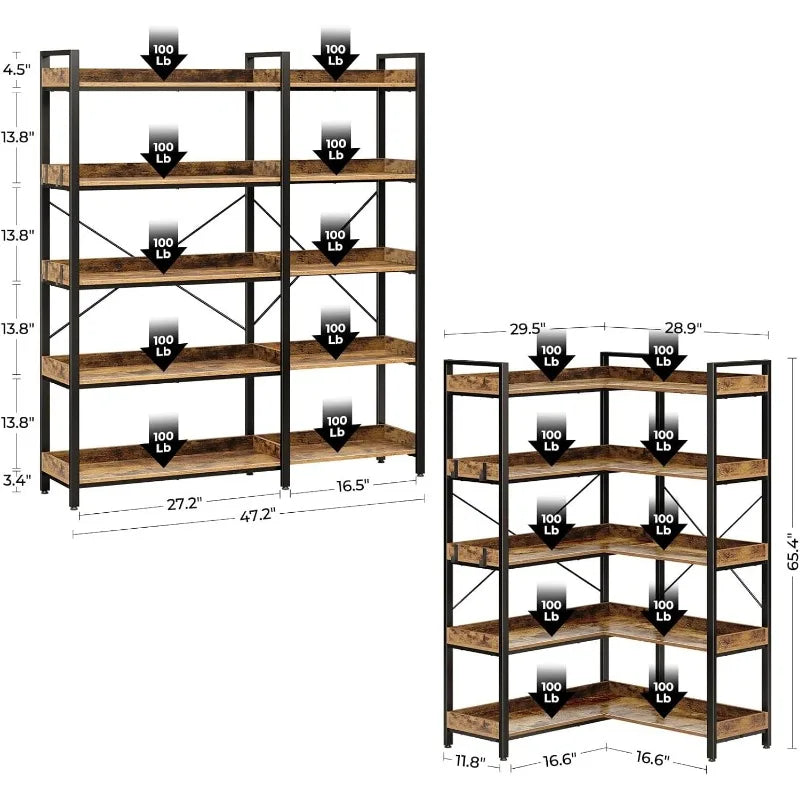 65"H x 12"D x 29.5"L Adjustable 5-Tier Nordic Rustic Bookcase - Corner or Traditional