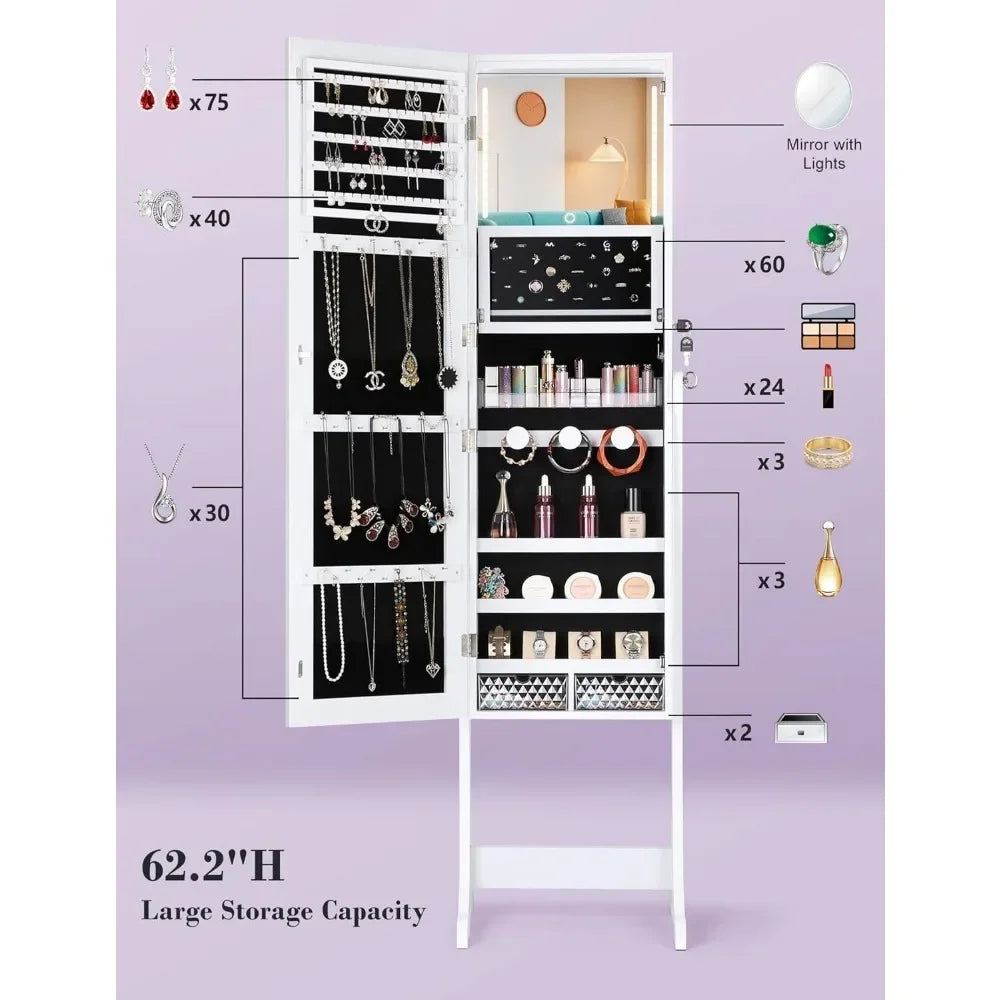 62" Full Body Length LED Mirror with Jewelry Storage