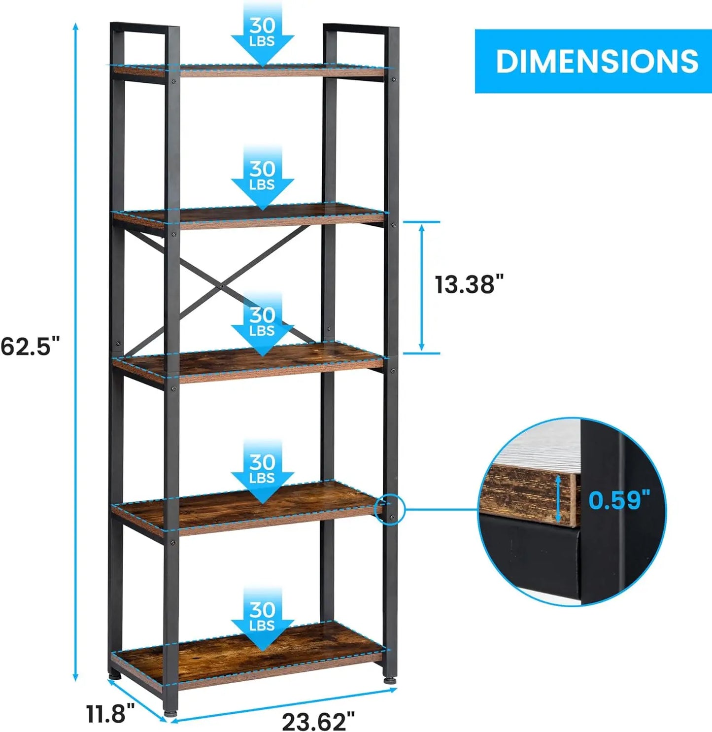 62"H x 23"W 5 Tier Bookshelf Rustic Industrial Style