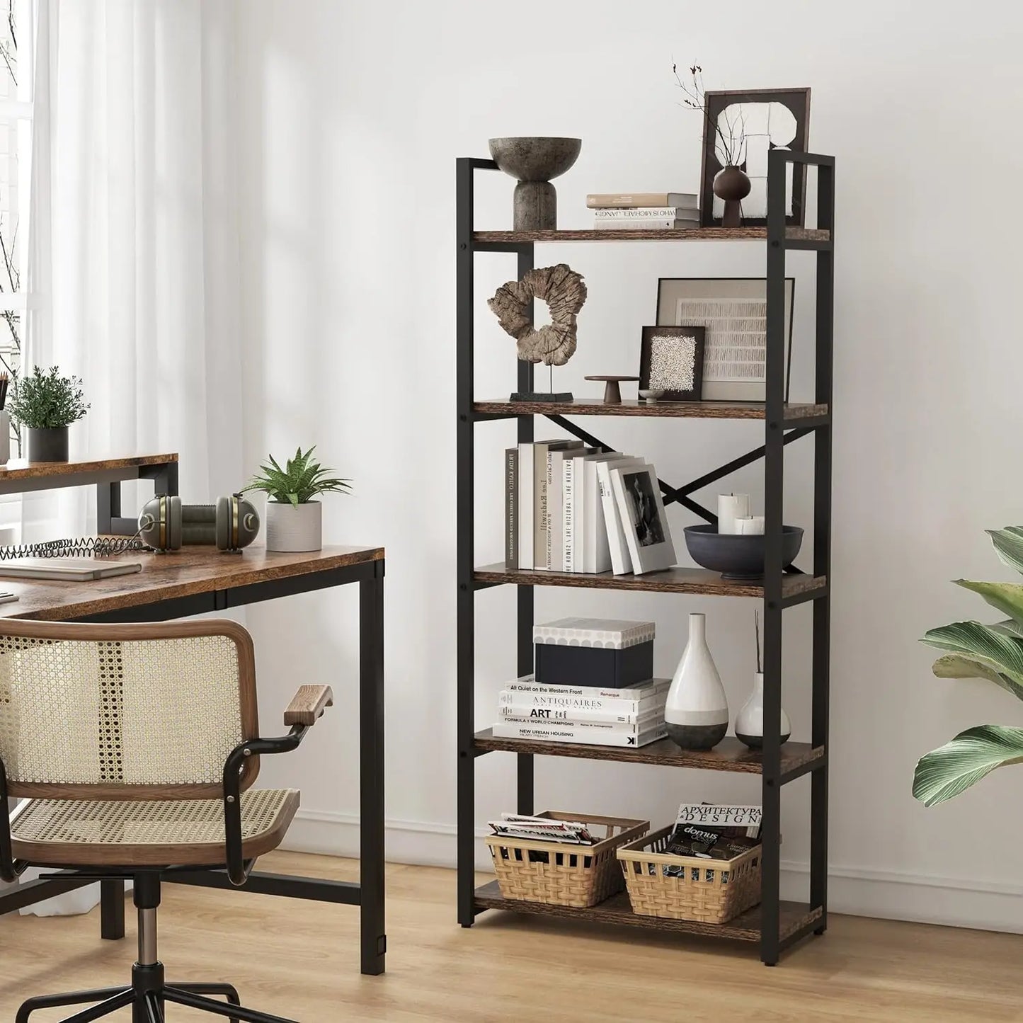 62"H x 23"W 5 Tier Bookshelf Rustic Industrial Style