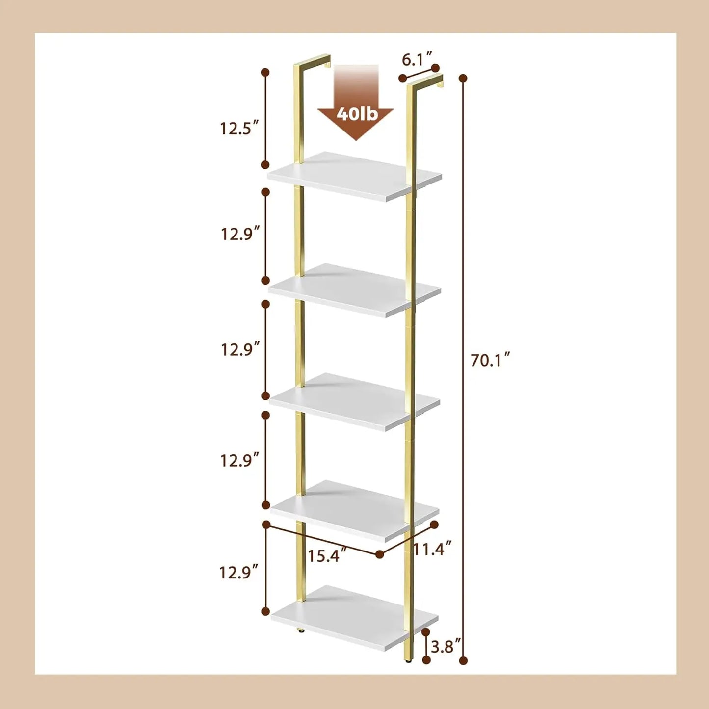 70"H x 15.5"W Open Wall-Mounted 5-Tier Bookshelf w/ Gold Frame