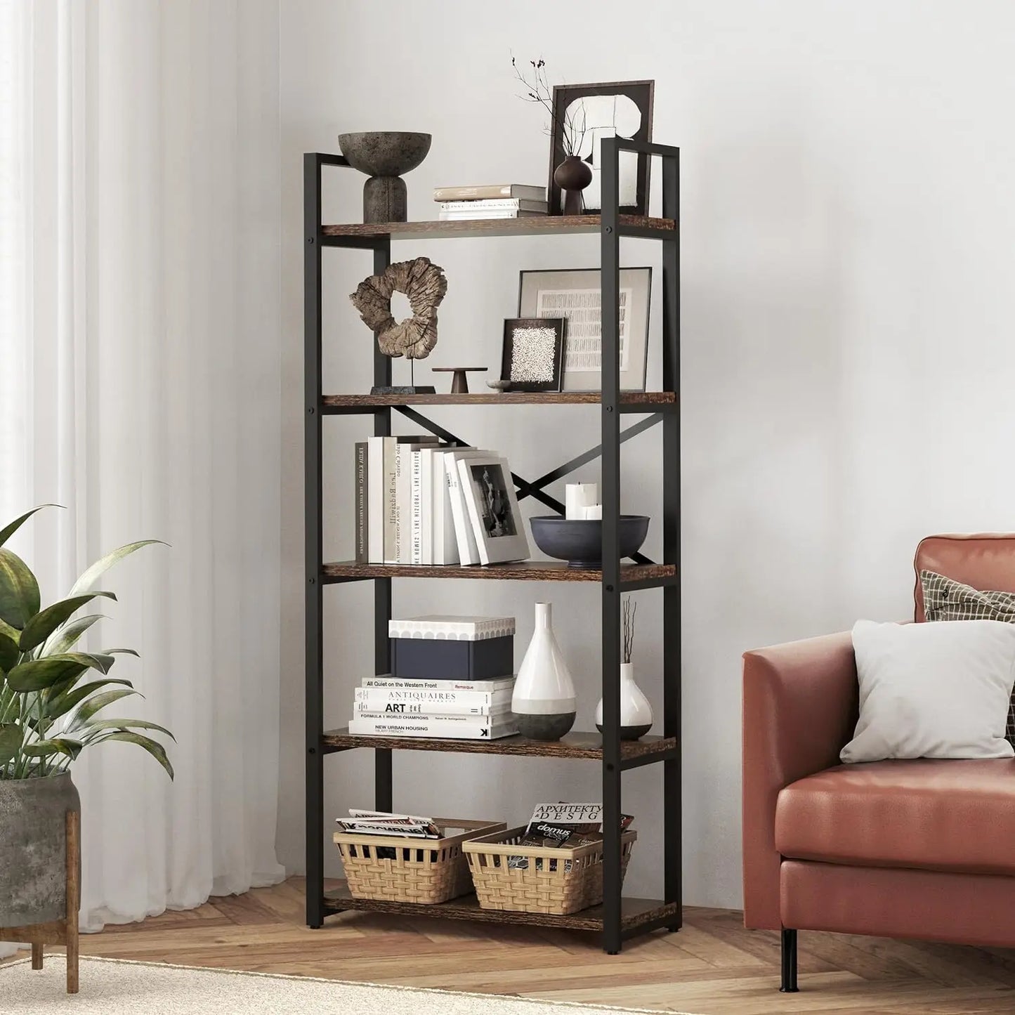 62"H x 23"W 5 Tier Bookshelf Rustic Industrial Style