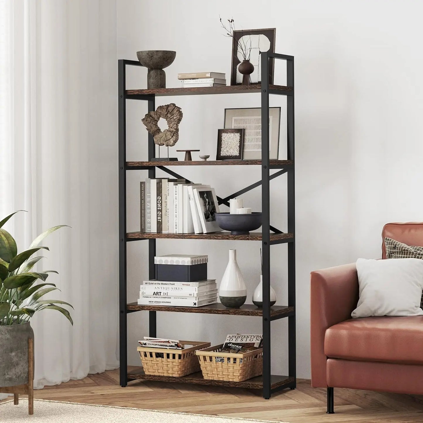 62"H x 23"W 5 Tier Bookshelf Rustic Industrial Style