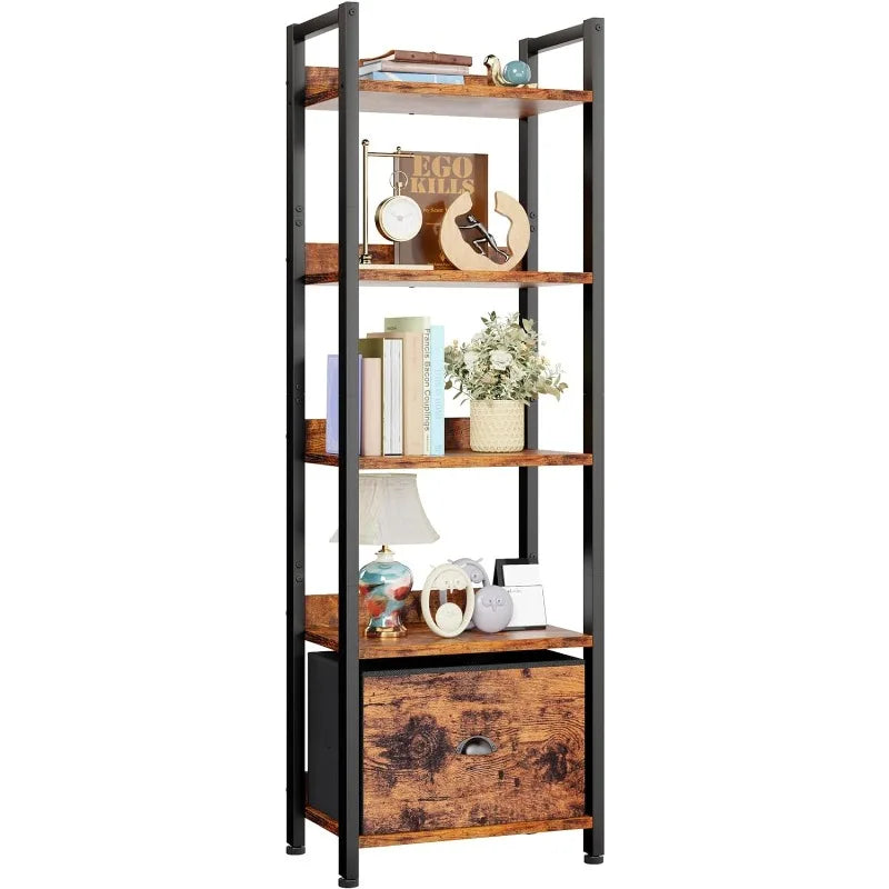 55"H x 15"W 5 Tier Bookshelf with Drawer