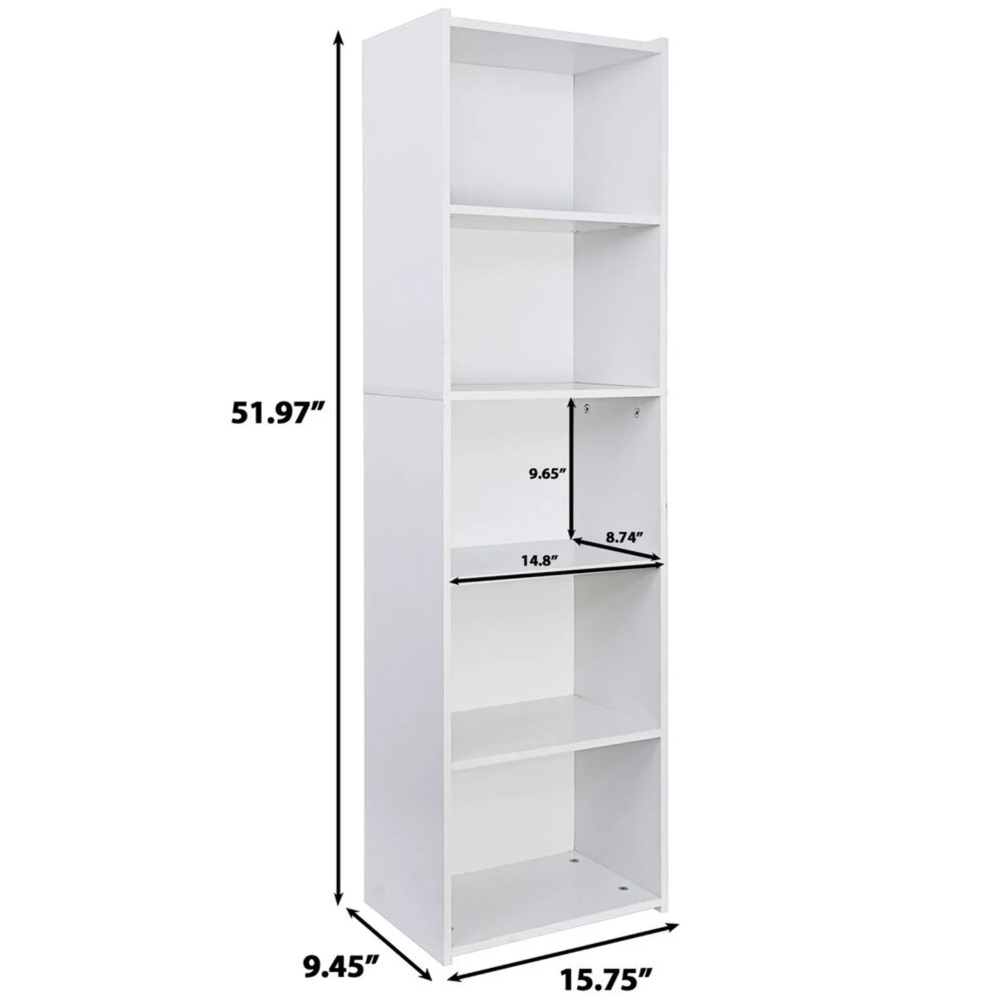 52"H x 15"W 5 Tier White Bookcase