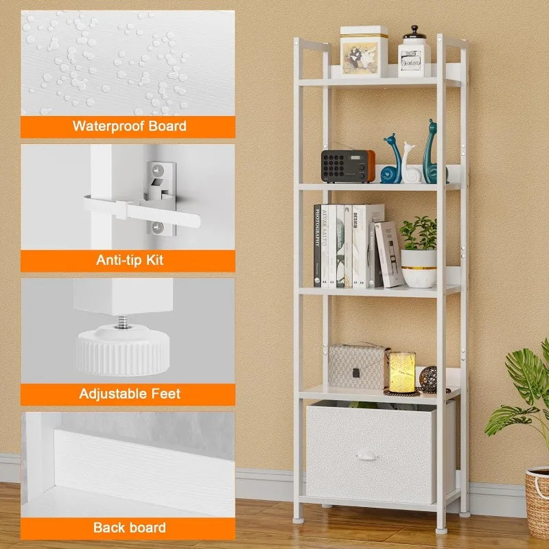 55"H x 15"W 5 Tier Bookshelf with Drawer
