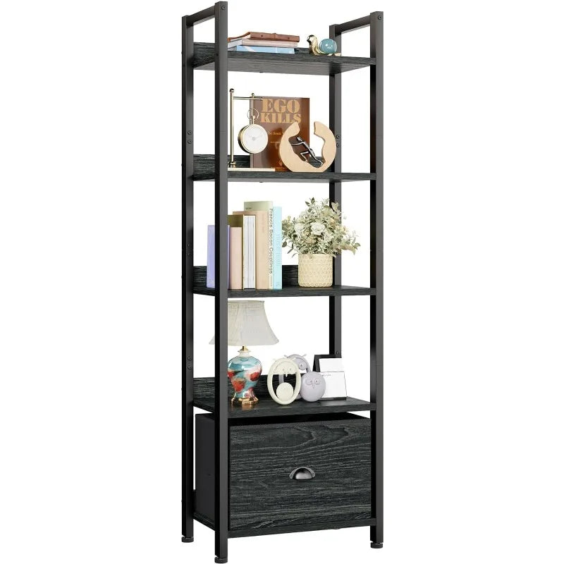 55"H x 15"W 5 Tier Bookshelf with Drawer