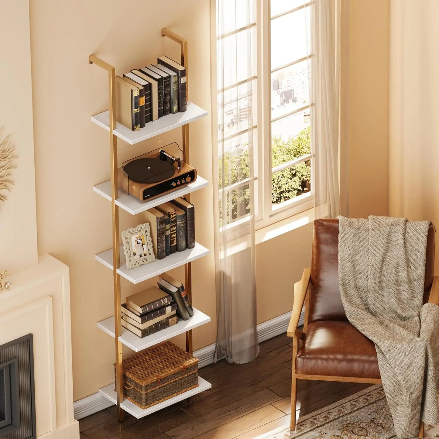 70"H x 15.5"W Open Wall-Mounted 5-Tier Bookshelf w/ Gold Frame