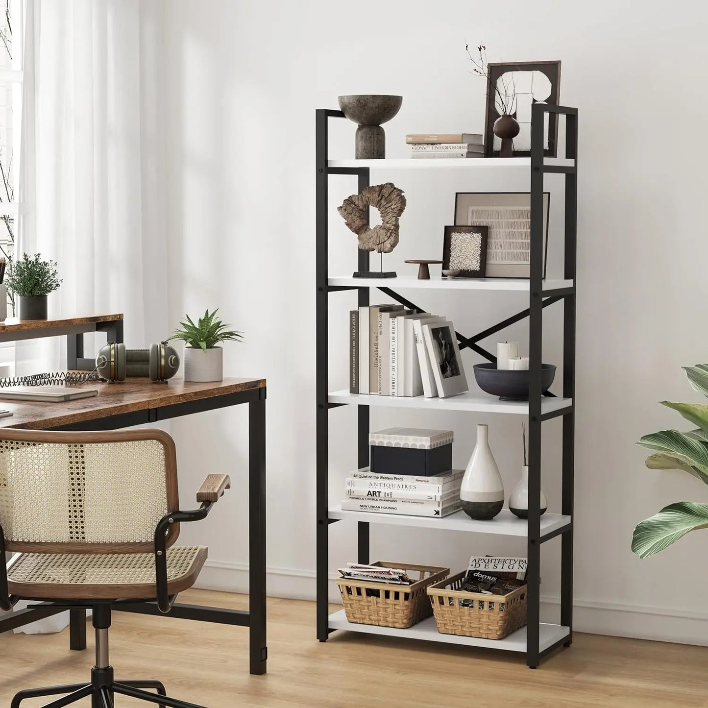 62"H x 23"W 5 Tier Bookshelf Rustic Industrial Style