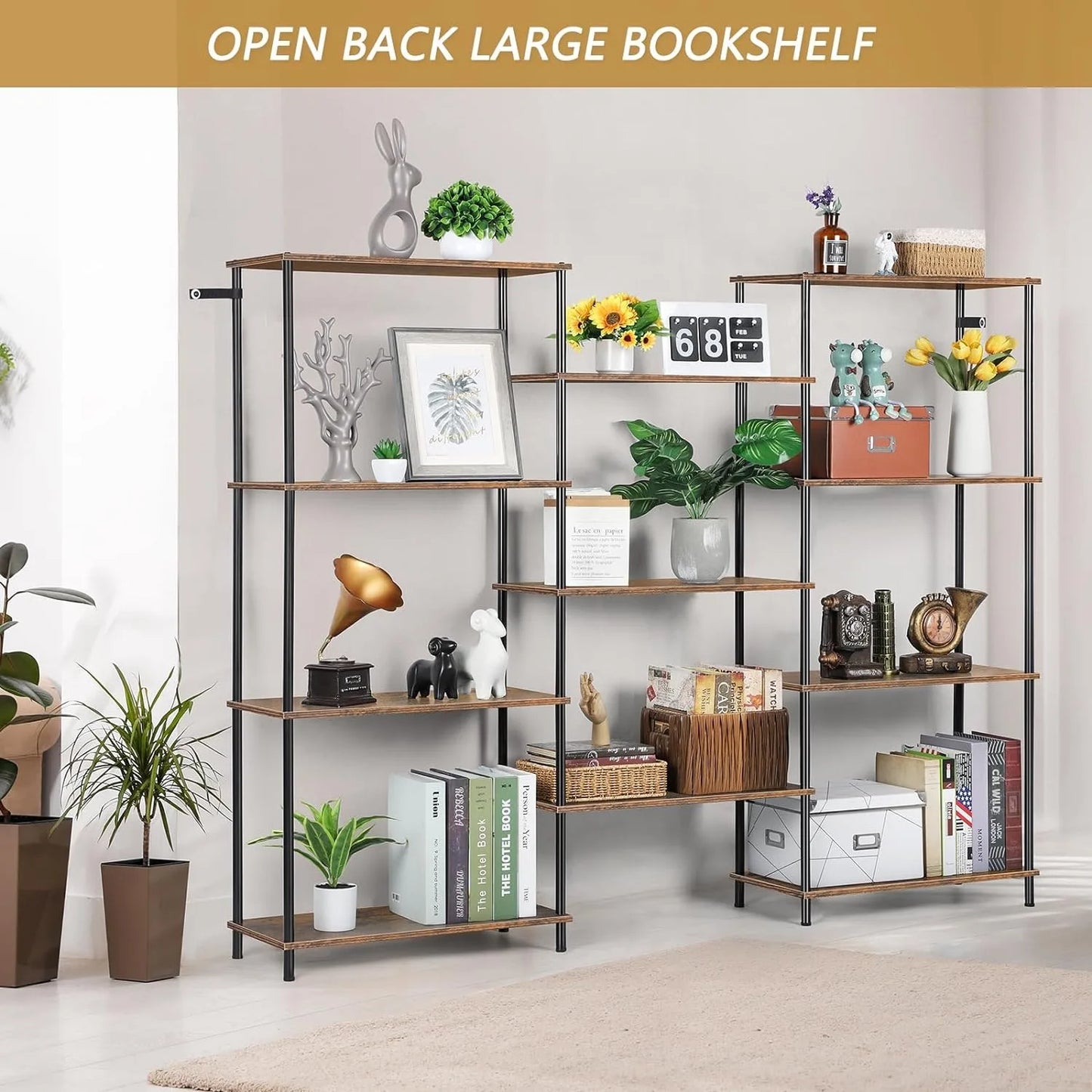 51.5"H x 11"D x 68.5"W Minimalistic Triple Wide 4-Tier Open Bookcase
