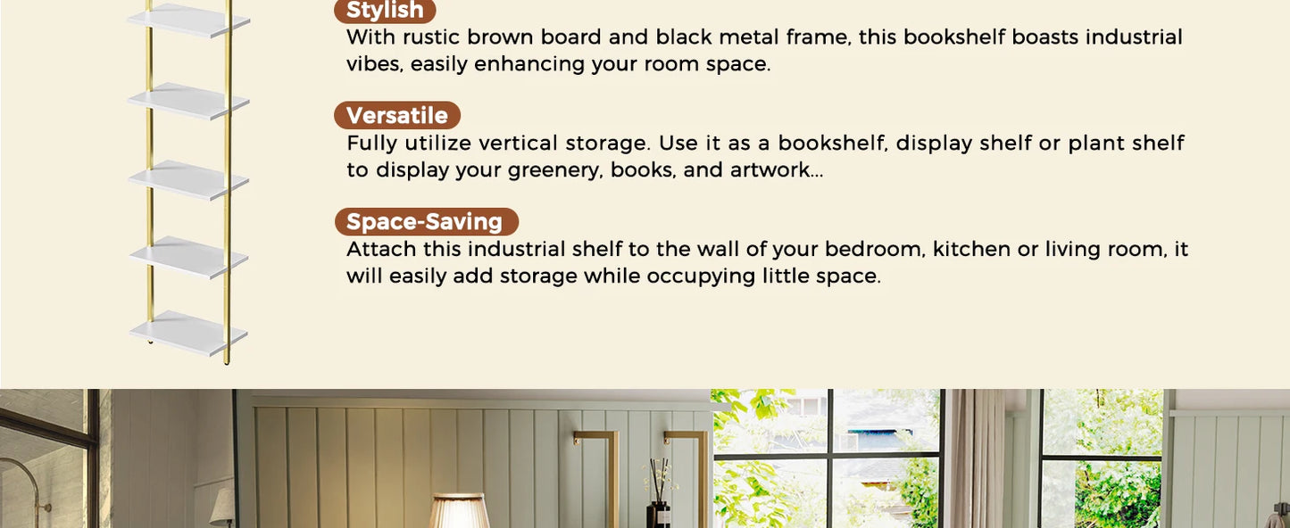 70"H x 15.5"W Open Wall-Mounted 5-Tier Bookshelf w/ Gold Frame