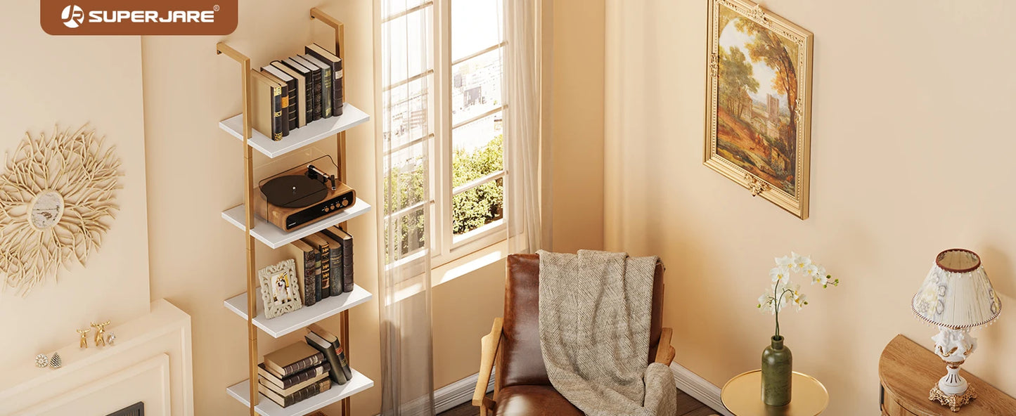 70"H x 15.5"W Open Wall-Mounted 5-Tier Bookshelf w/ Gold Frame