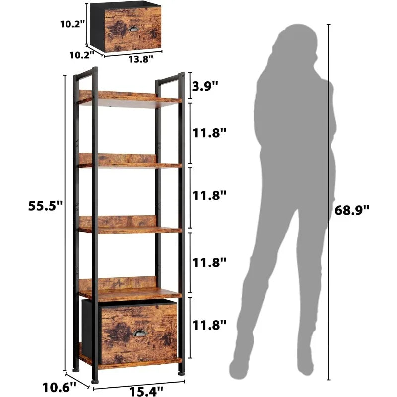 55"H x 15"W 5 Tier Bookshelf with Drawer
