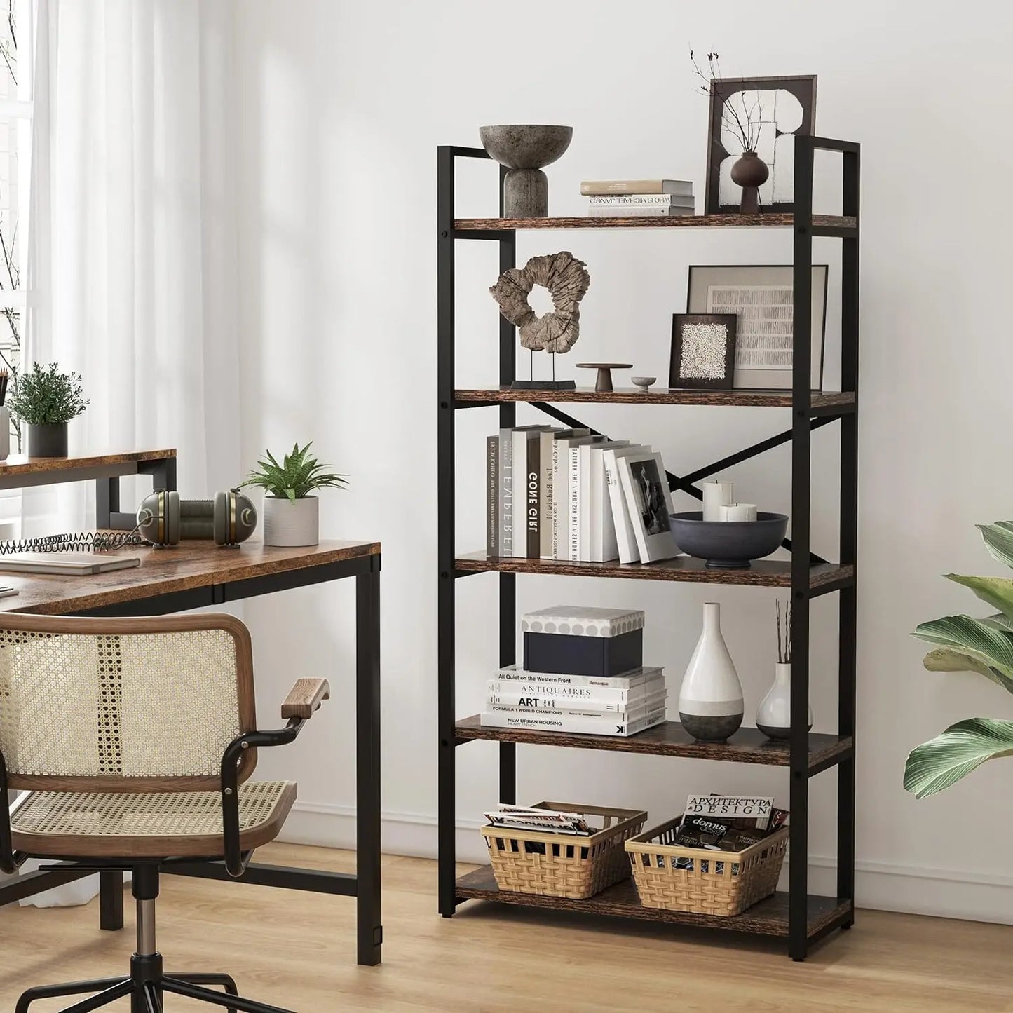 62"H x 23"W 5 Tier Bookshelf Rustic Industrial Style