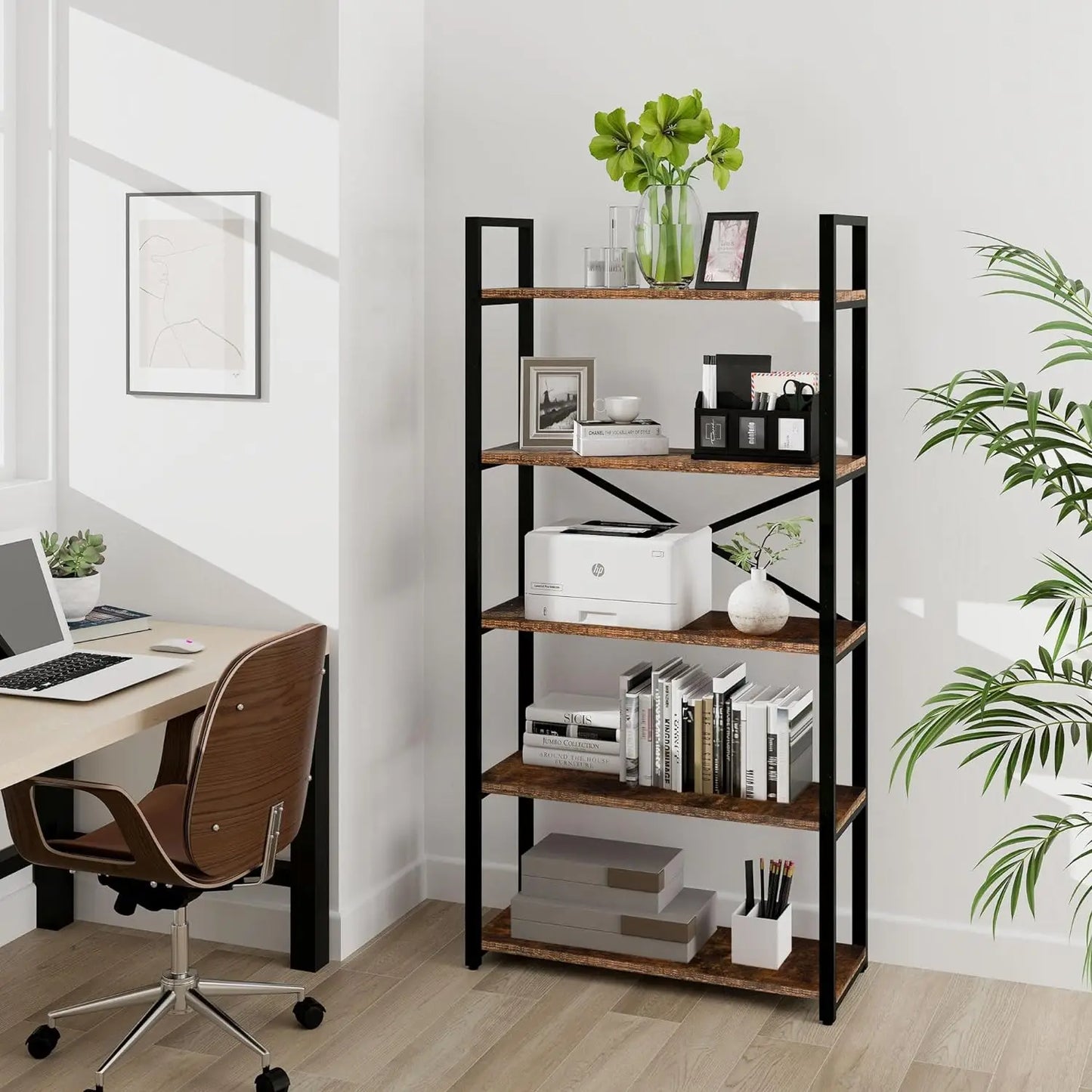 62"H x 23"W 5 Tier Bookshelf Rustic Industrial Style