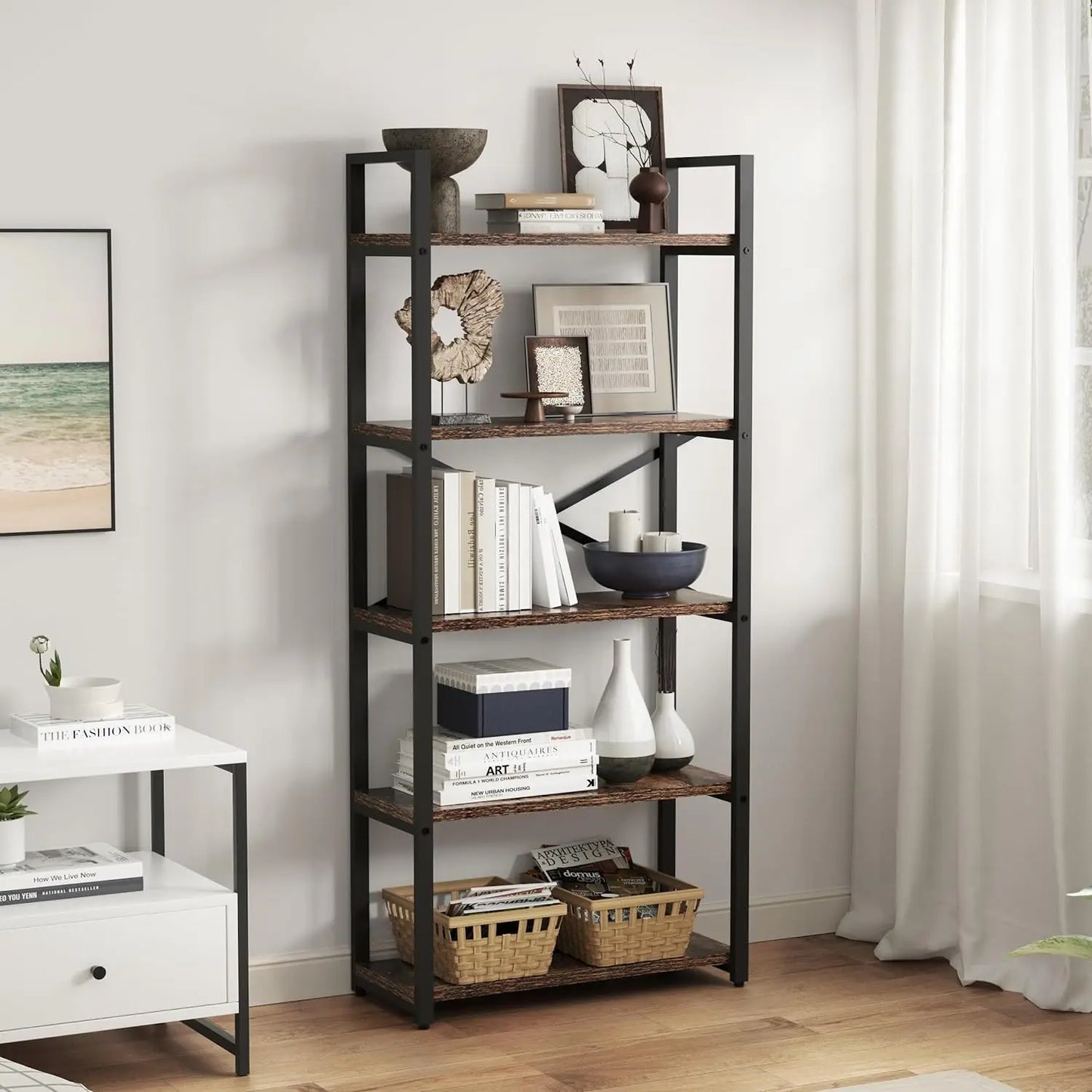 62"H x 23"W 5 Tier Bookshelf Rustic Industrial Style