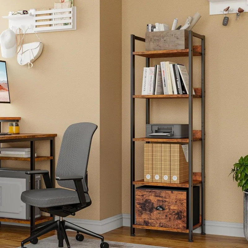 55"H x 15"W 5 Tier Bookshelf with Drawer