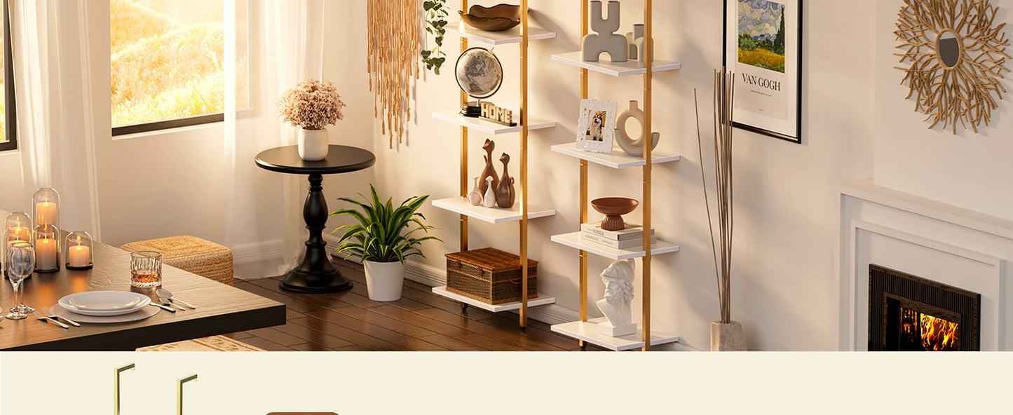 70"H x 15.5"W Open Wall-Mounted 5-Tier Bookshelf w/ Gold Frame
