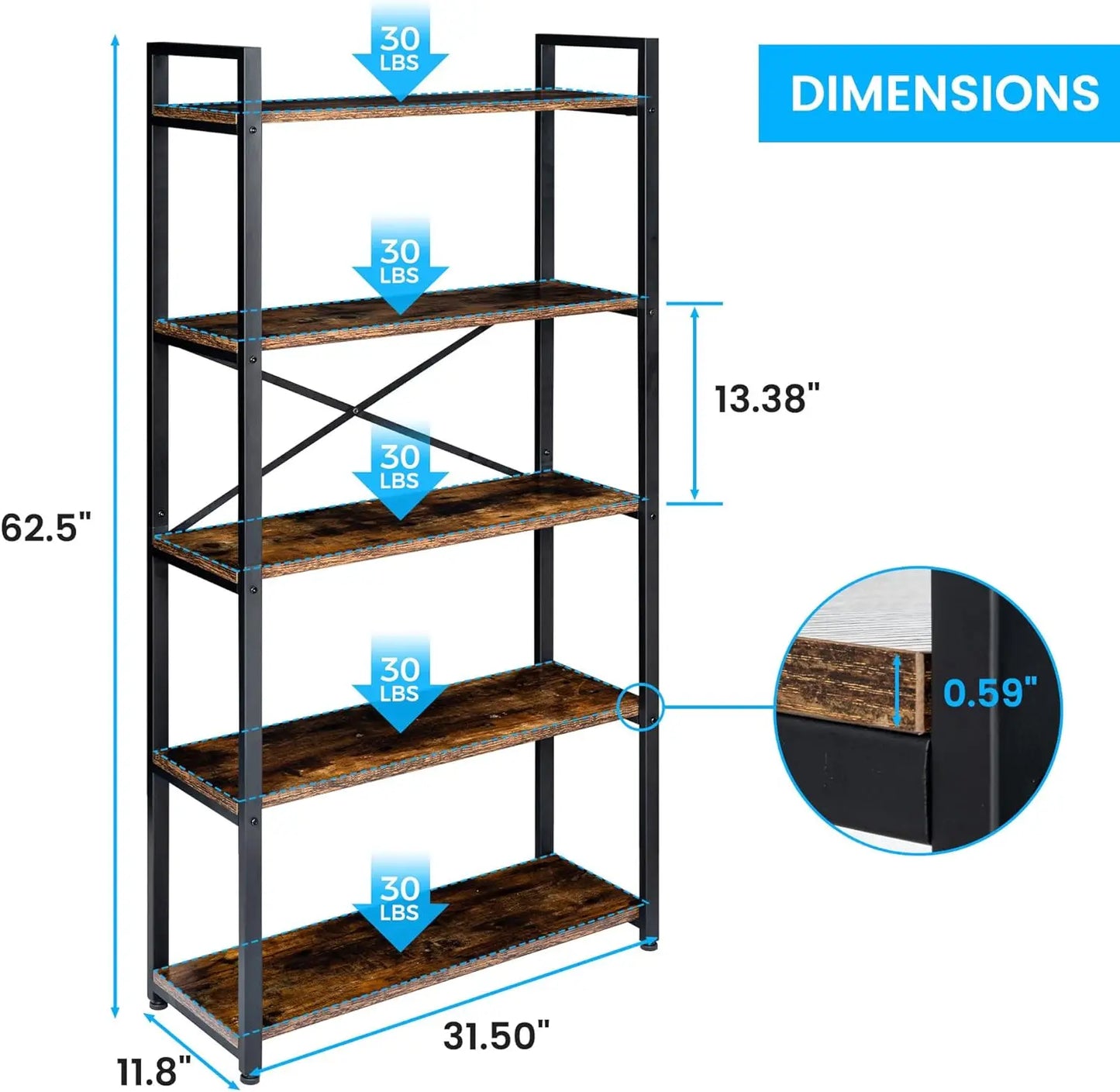 62"H x 23"W 5 Tier Bookshelf Rustic Industrial Style