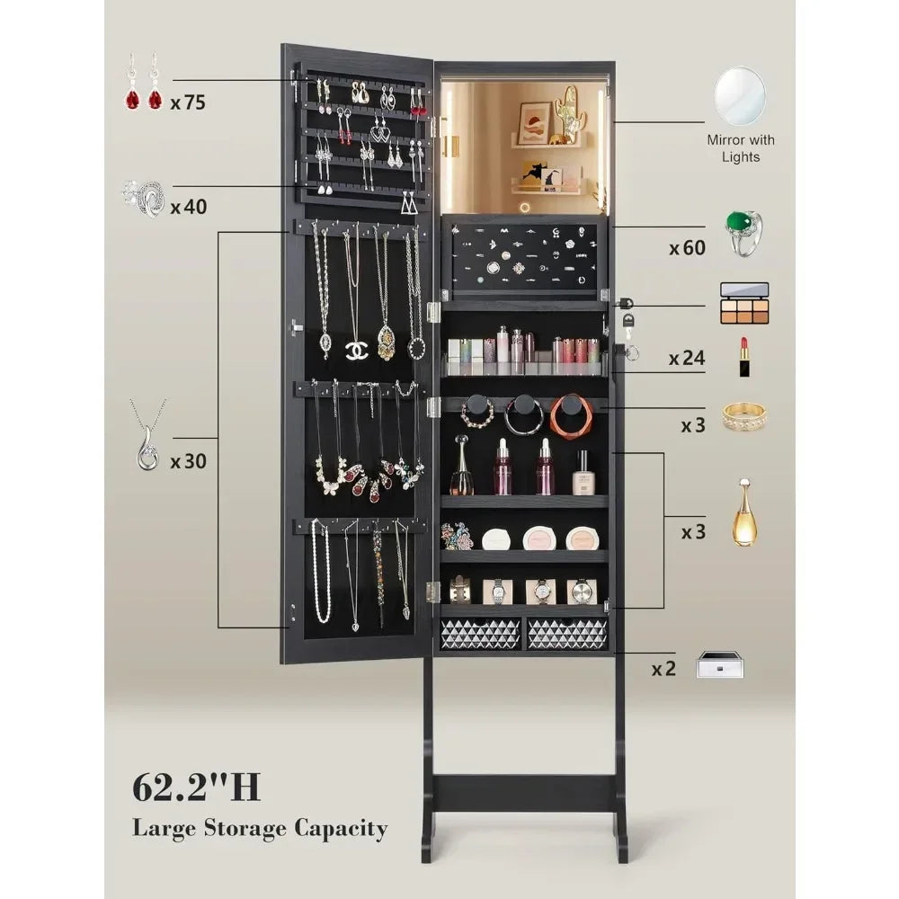 62" Full Body Length LED Mirror with Jewelry Storage