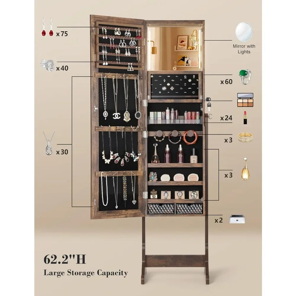 62" Full Body Length LED Mirror with Jewelry Storage