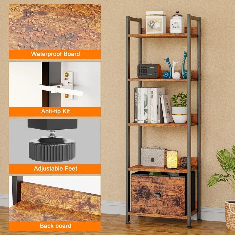 55"H x 15"W 5 Tier Bookshelf with Drawer