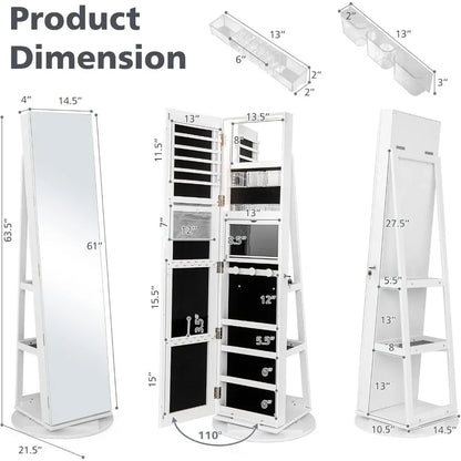 63" x 14.5" Mirror with Jewelry Storage & 360° Swivel