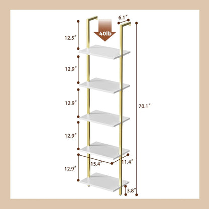 70"H x 15.5"W Open Wall-Mounted 5-Tier Bookshelf w/ Gold Frame