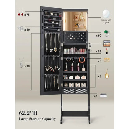 62" Full Body Length LED Mirror with Jewelry Storage