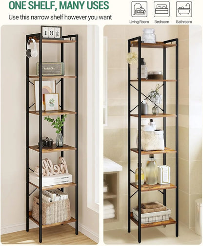 9.5"D x 16"W x 73"H Black Frame Industrial Texture Bookcase