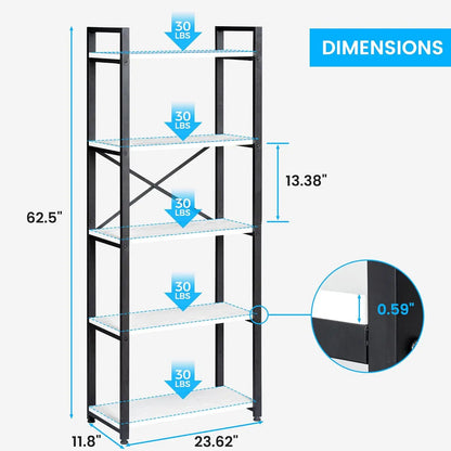 62"H x 23"W 5 Tier Bookshelf Rustic Industrial Style