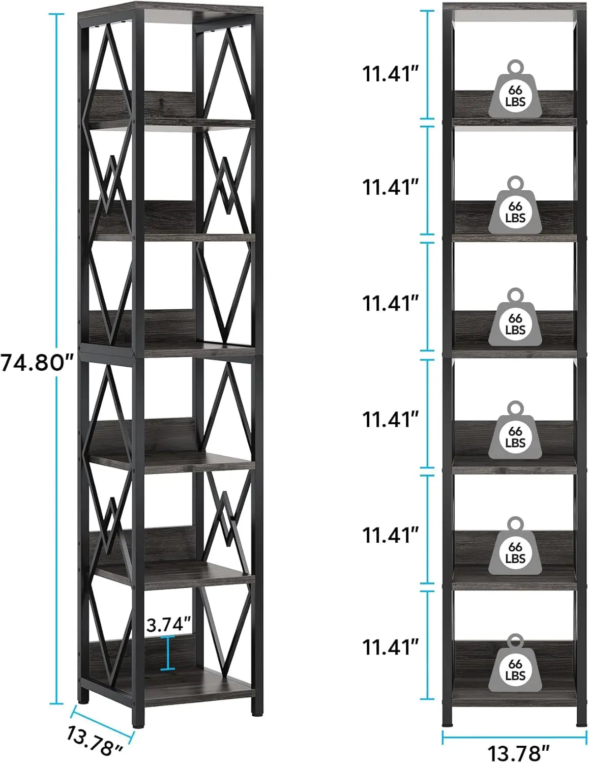 75"H x 14"W 6-Tier Bookshelf Storage