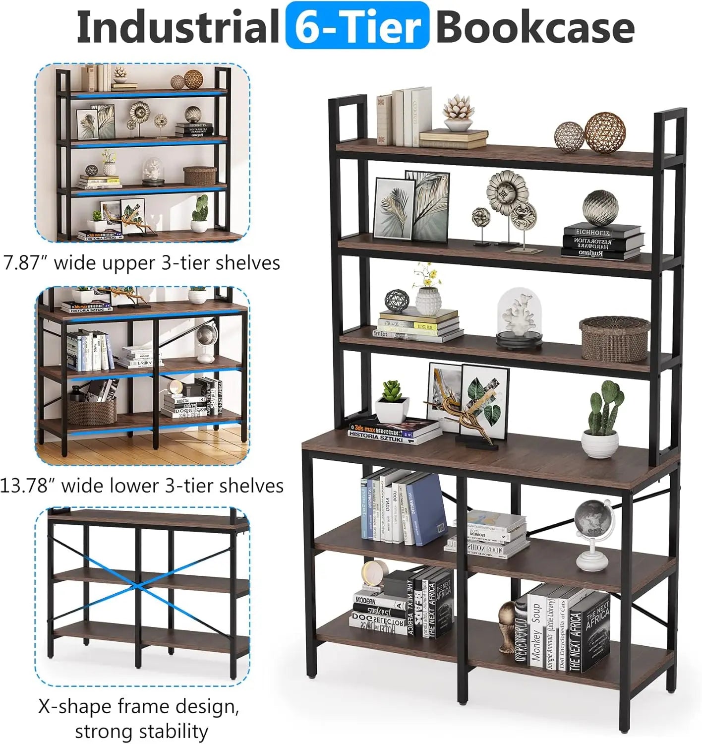 71"H x 14"D x 40"W Tribesigns Gray 6-Tier Modernized Wood Bookcase