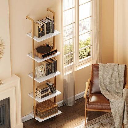 70"H x 15.5"W Open Wall-Mounted 5-Tier Bookshelf w/ Gold Frame