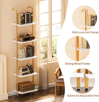 70"H x 15.5"W Open Wall-Mounted 5-Tier Bookshelf w/ Gold Frame