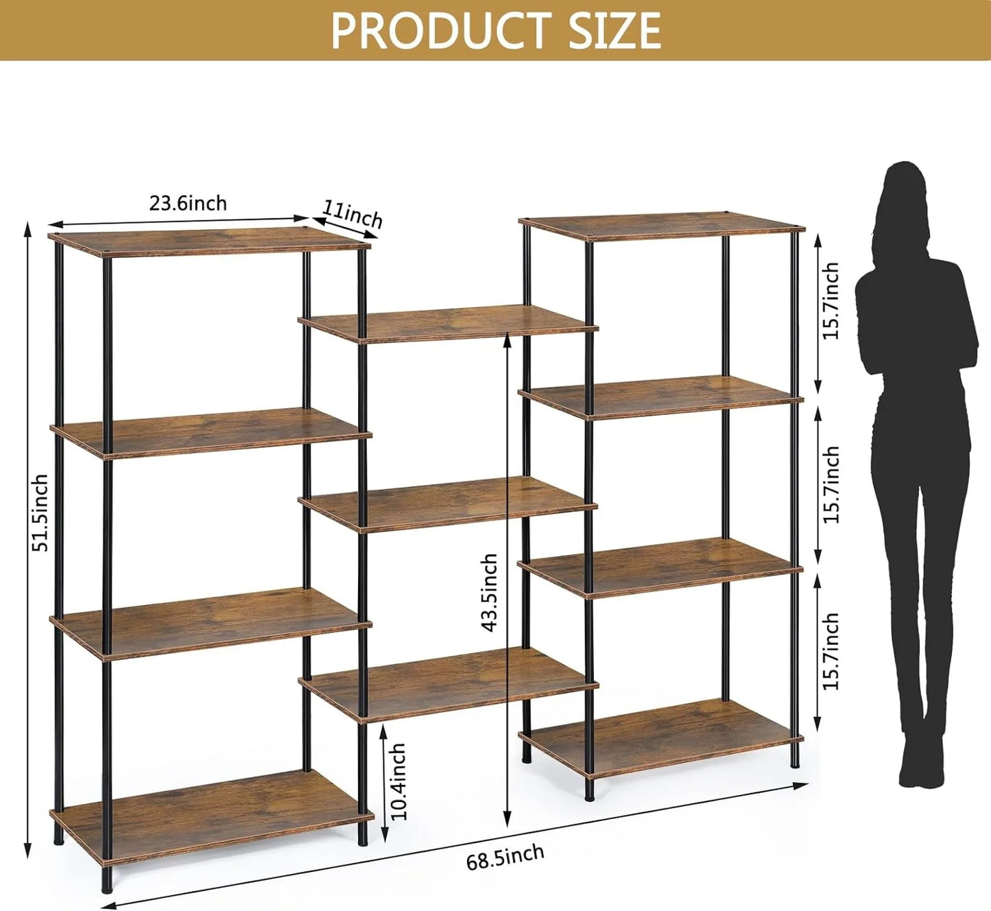 51.5"H x 11"D x 68.5"W Minimalistic Triple Wide 4-Tier Open Bookcase