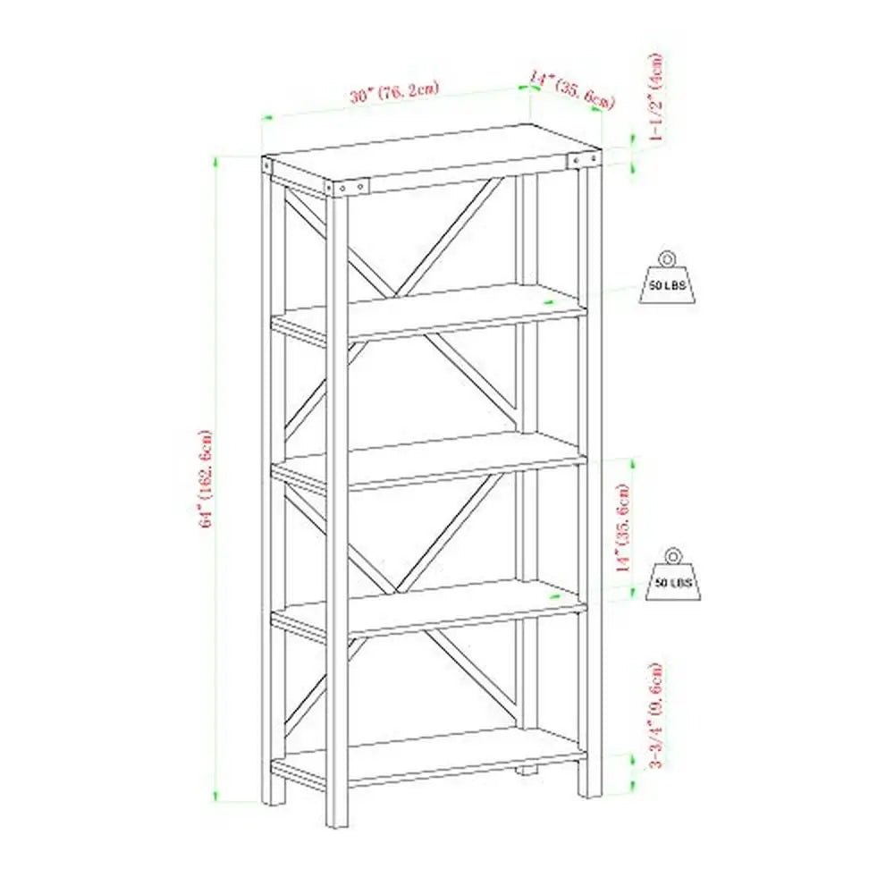 64"H x 14"D x 30"W Rustic Oak 4-Tier Open Bookcase