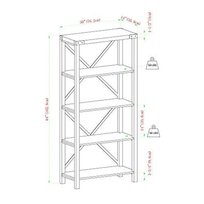 64"H x 14"D x 30"W Rustic Oak 4-Tier Open Bookcase