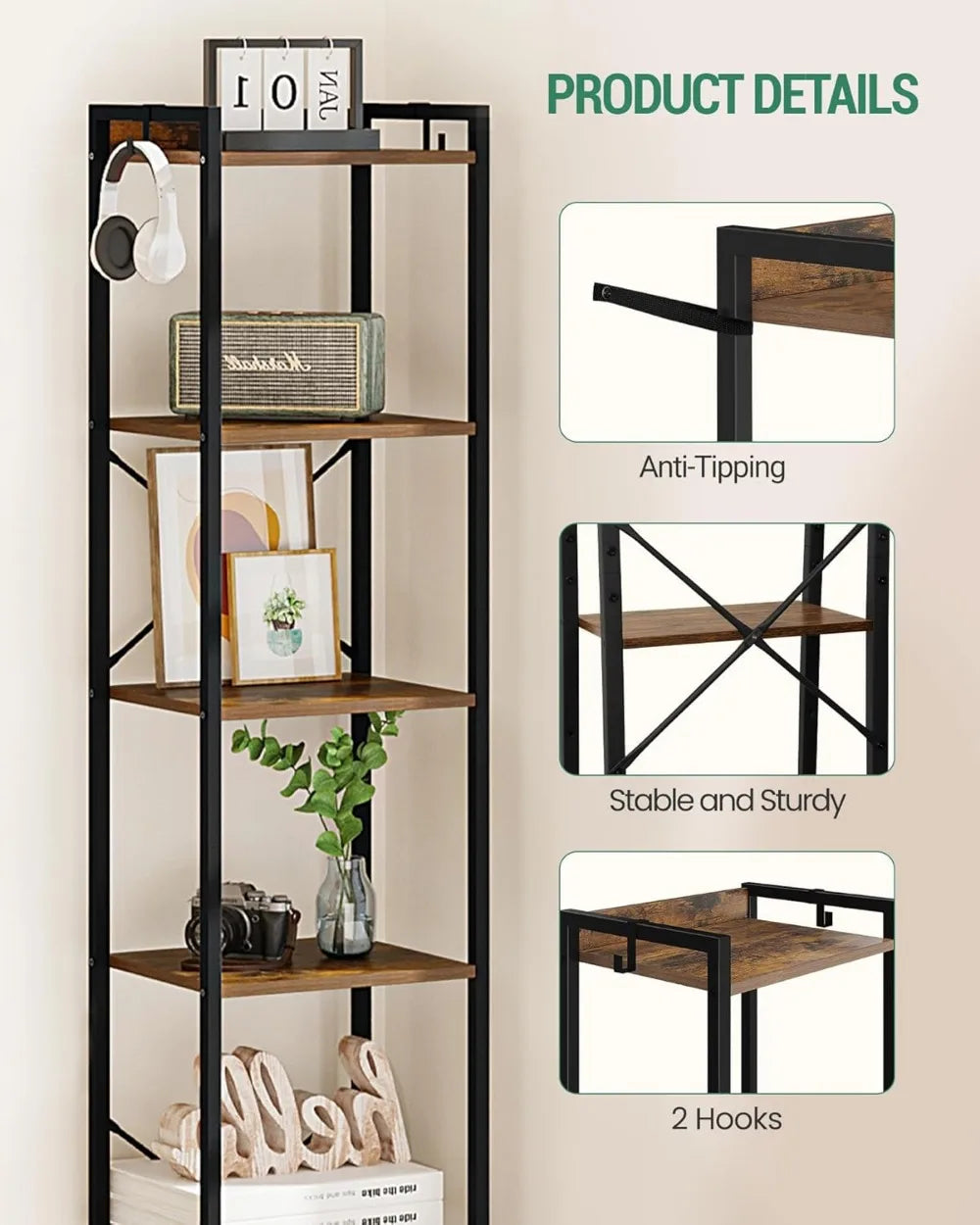 9.5"D x 16"W x 73"H Black Frame Industrial Texture Bookcase