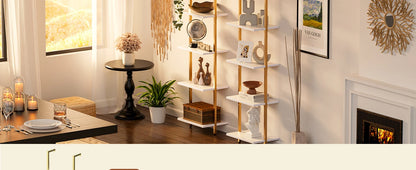 70"H x 15.5"W Open Wall-Mounted 5-Tier Bookshelf w/ Gold Frame