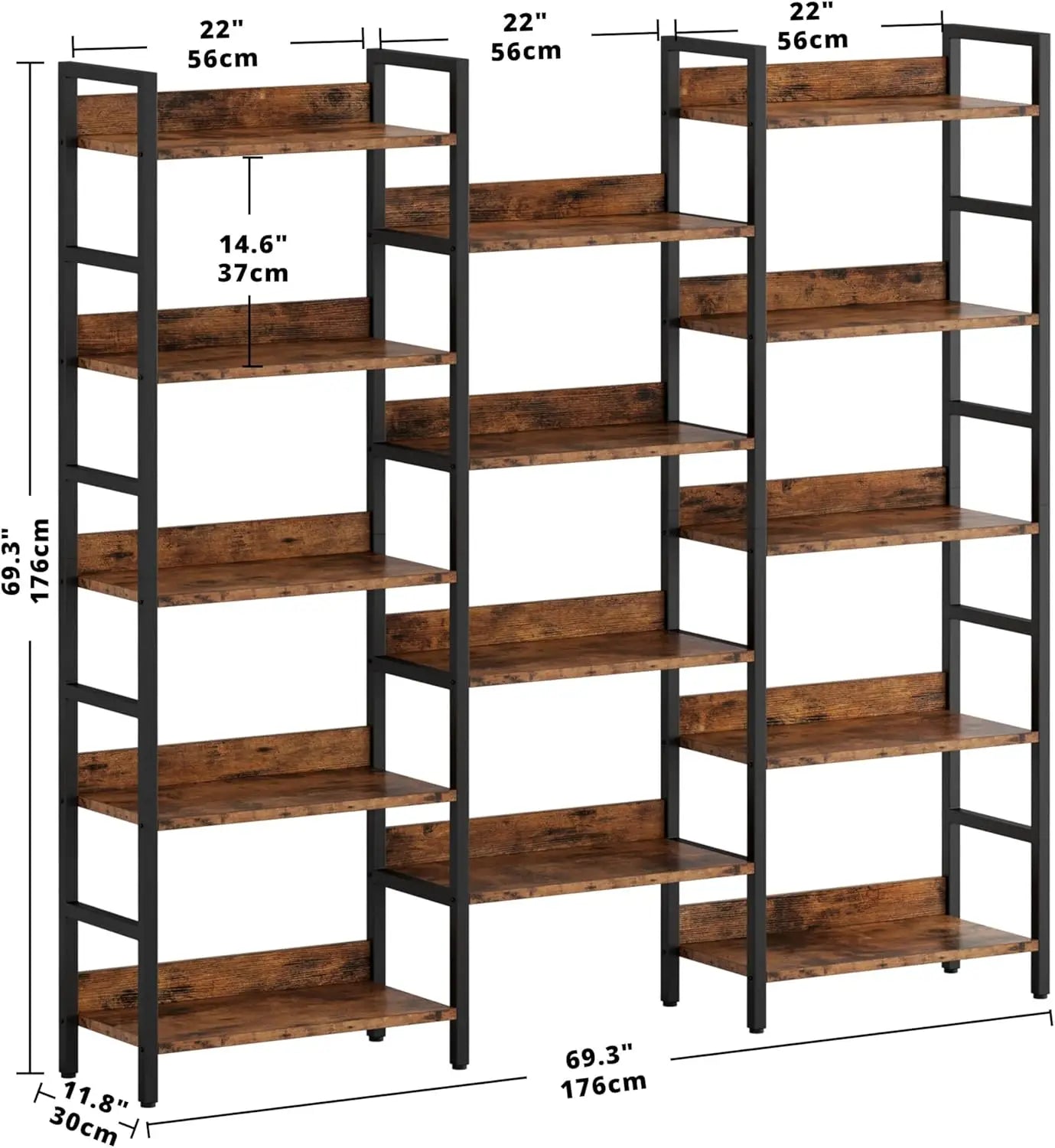 12"D x 70"W x 70"H Triple-Wide Multi-Level German Industrial Bookcase